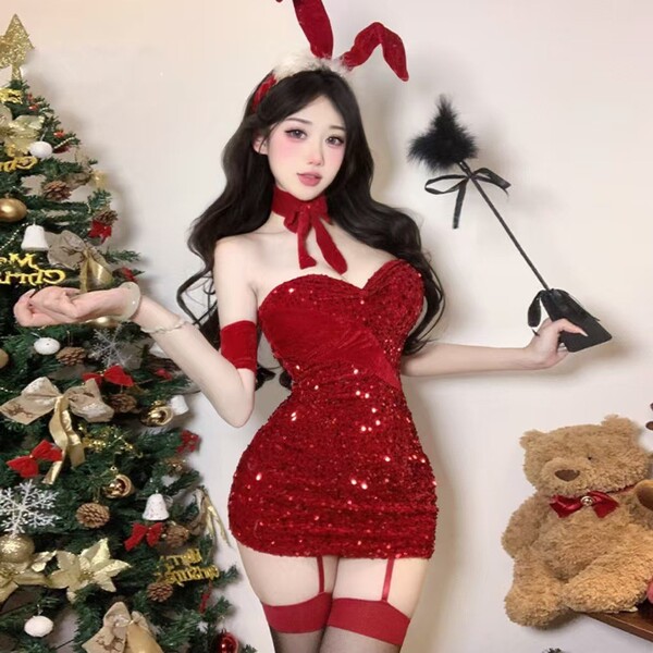 Sexy red sequined dress with bunny ears and accessories, perfect for holiday cosplay outfits at new years eve parties.