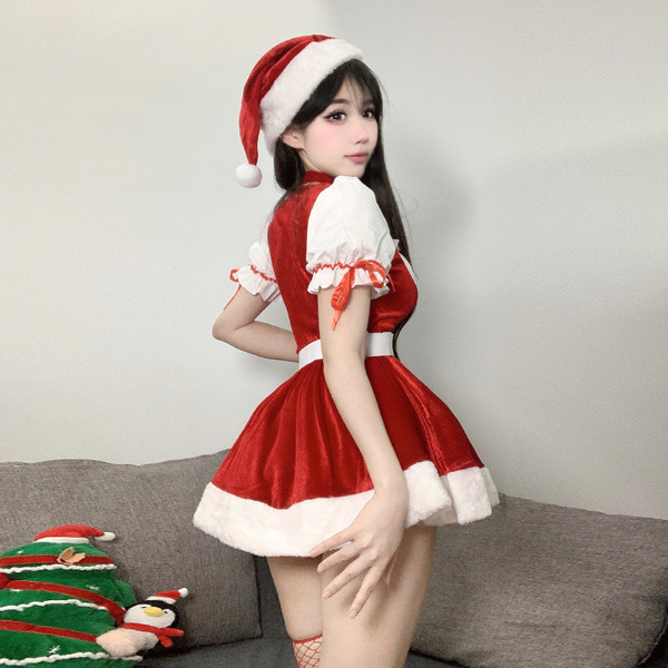 Sexy velvet christmas lingerie set featuring a festive santa hat, red dress with white trim, perfect holiday costume for wome...