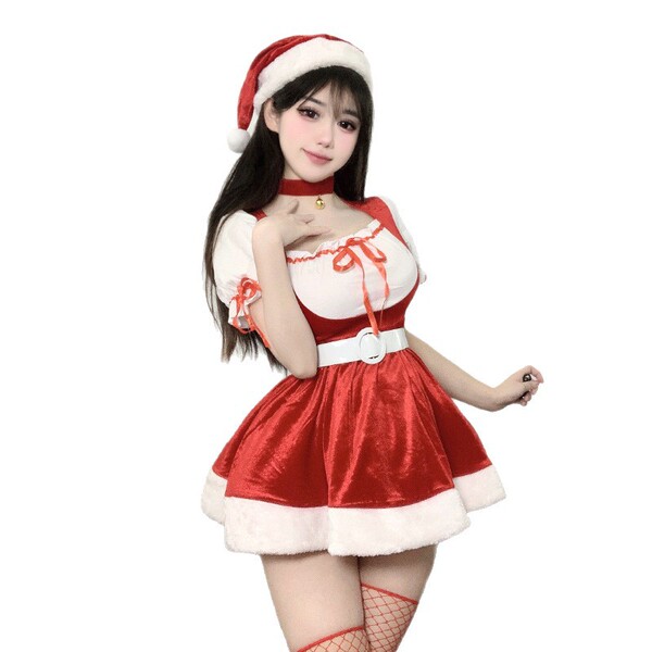 Sexy velvet christmas lingerie set featuring a festive santa hat, red dress with white trim, and matching stockings, perfect ...