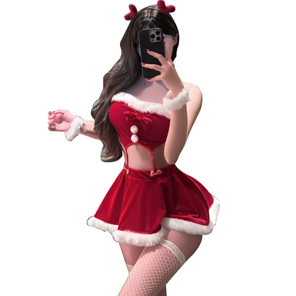 Sexy off-shoulder two-piece velvet christmas reindeer costume set with festive white fur trimmings, perfect for holiday-theme...