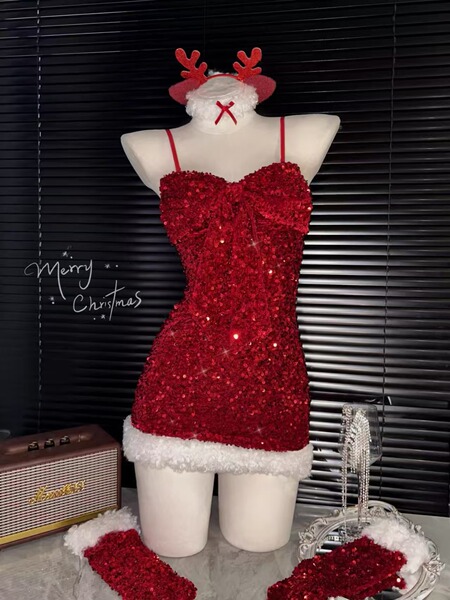 New Year & Christmas Costume Set - Velvet Sequin Lingerie Nightgown for Role Play & Festive Sexy Outfit S2 - Velvet sequined nightgown + headband