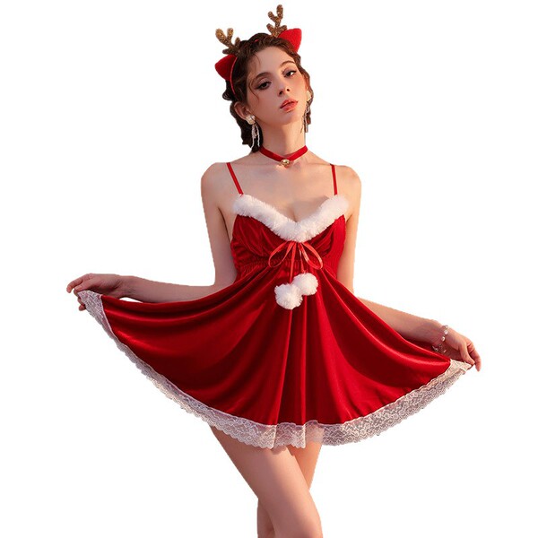 Sexy velvet red christmas lingerie set with reindeer antlers headband, perfect for new year, halloween, and date nights.