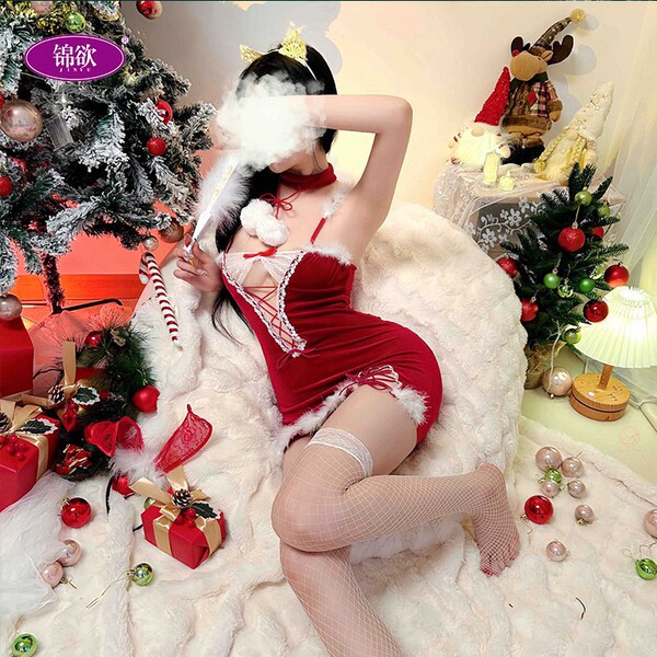 Sexy red bunny costume set featuring lace trimmings and ties, perfect for festive occasions. includes charming sleep dress de...