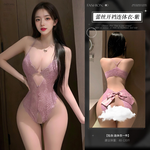 Lace Temptation Open-Crotch Bodysuit for Women - Sexy Sheer Sleepwear & No-Remove Lingerie Set - A-Purple-Padded Bodysuit (Single Piece)