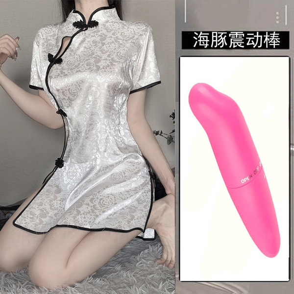 Sexy Qipao Lingerie Set - Seductive Silk Sleepwear & Roleplay Costume for Women - [2006 White] + [Vibrator]