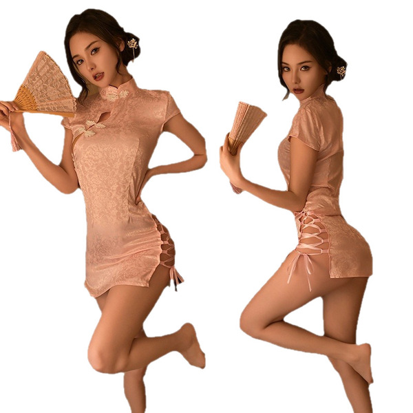 Vintage brocade cheongsam lingerie set - pure & tempting chinese-inspired sexy sleepwear with side slit & ties