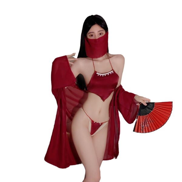 Woman in red sheer mask, heart-shaped tassel bodice lingerie set with flowing robe and fan, vintage chinese role play costume...