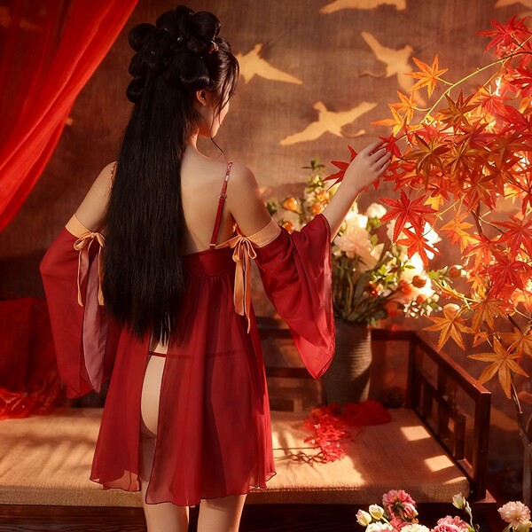 Vintage chinese court-style lingerie set featuring peony & hanfu-inspired design, silk robe with sheer tang dynasty skirt and...