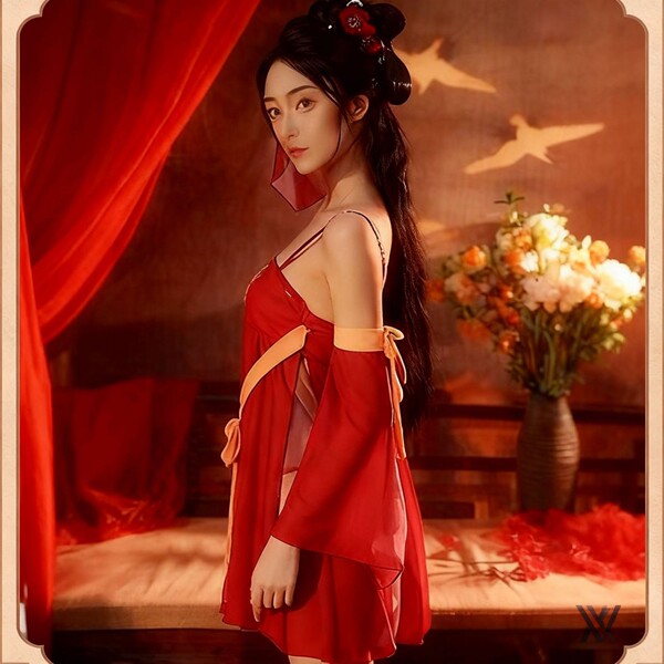 Vintage chinese court-style lingerie set featuring peony & hanfu-inspired silk robe with sheer tang dynasty skirt and elegant...
