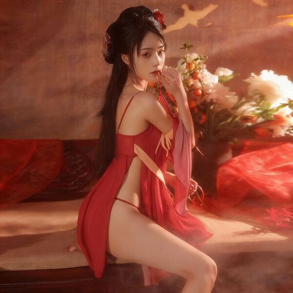 Vintage chinese court-inspired lingerie set featuring a peony design, silk robe with veil, and sheer tang dynasty skirt.