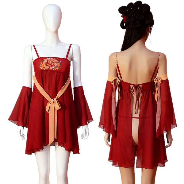 Vintage chinese court-style lingerie set featuring peony design, silk robe with sheer hanfu-inspired skirt and elegant tie-ba...