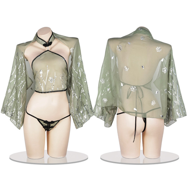 Vintage chinese hanfu chemise set - gold foil print chiffon sexy sleepwear & lingerie ensemble, featuring elegant gold foil p...