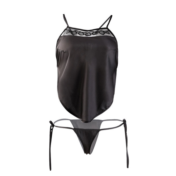 Black lace-trimmed chemise with delicate embroidery and matching thong, vintage-inspired lingerie set for elegant sleepwear.