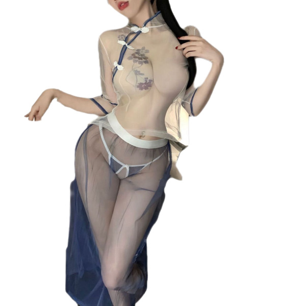 Woman wearing sheer vintage chinese-inspired lace cheongsam lingerie set with mesh retro hanfu design.