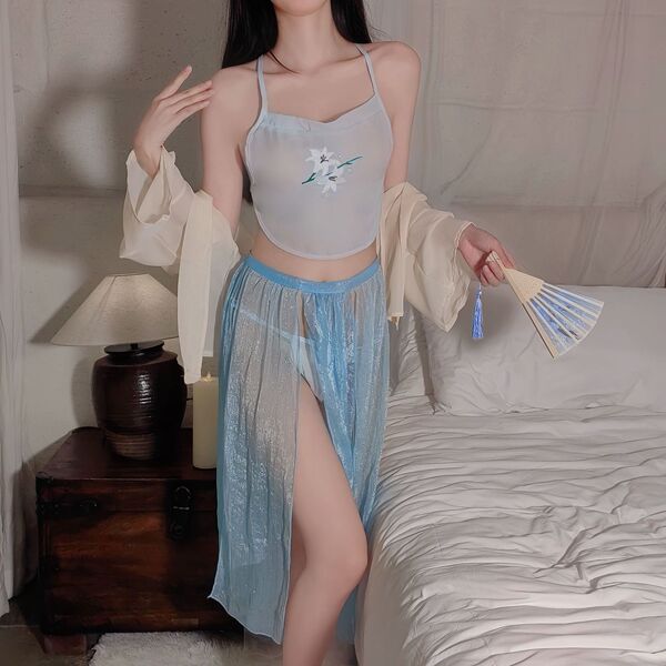 Vintage chinese-inspired embroidered silk sleepwear set featuring a delicate top and flowing skirt, perfect for elegant night...