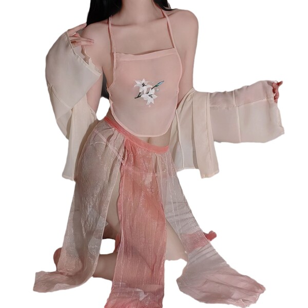 Vintage chinese-inspired embroidered silk sleepwear set featuring delicate floral embroidery and flowing fabric, perfect for ...