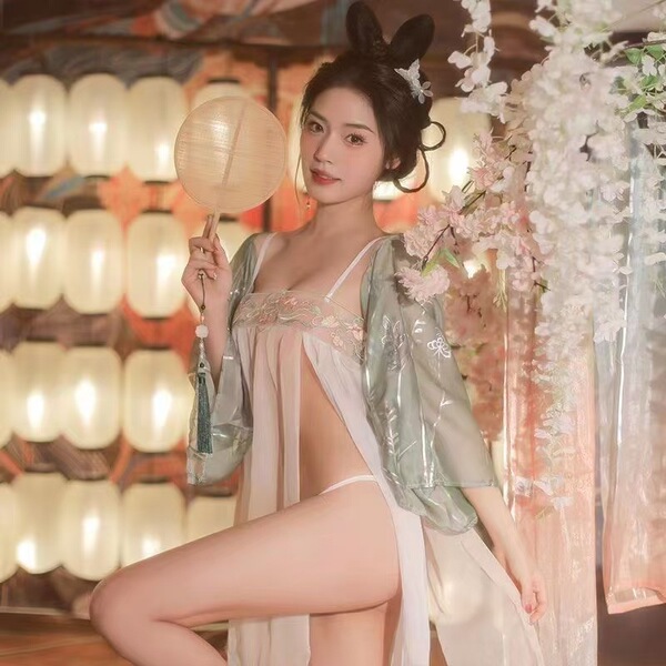Vintage chinese-inspired lingerie set featuring a hanfu-style sensual sleep dress with a modest bodice and delicate floral em...