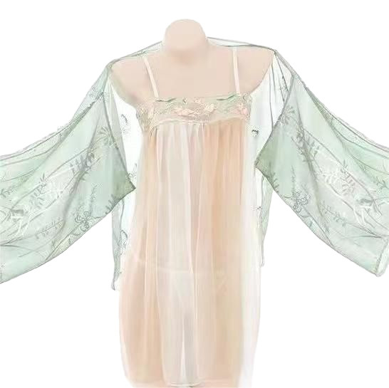 Vintage chinese-inspired sensual sleep dress featuring a modest bodice and delicate floral embroidery, perfect for elegant ni...