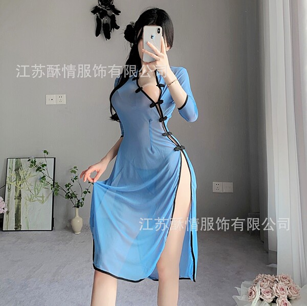 Vintage chinese-inspired sheer silk blend cheongsam-style nightwear featuring side slit skirt and embroidered details.
