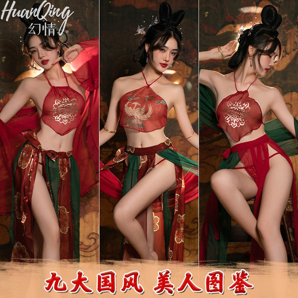 Vintage chinese-inspired sheer qipao costume with intricate designs, perfect for romantic role play.