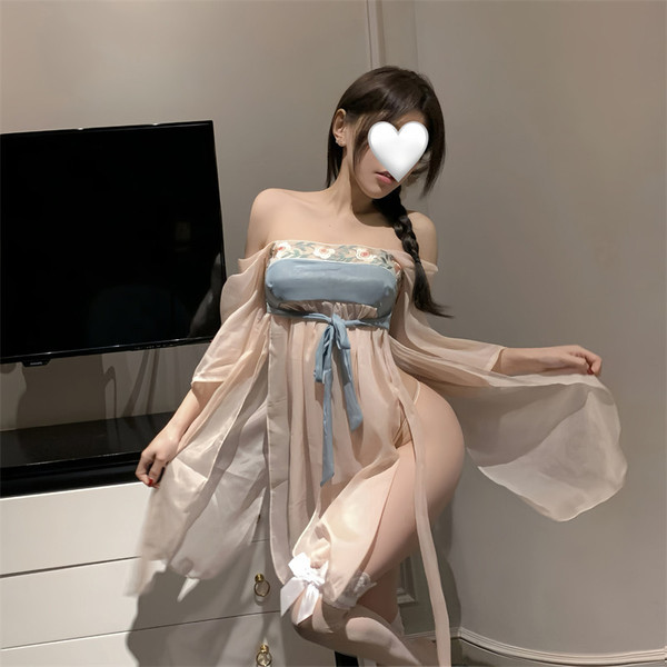 Vintage chinese-inspired sheer chiffon hanfu dress featuring a seductive palace-style doudou, perfect for elegant evening wea...