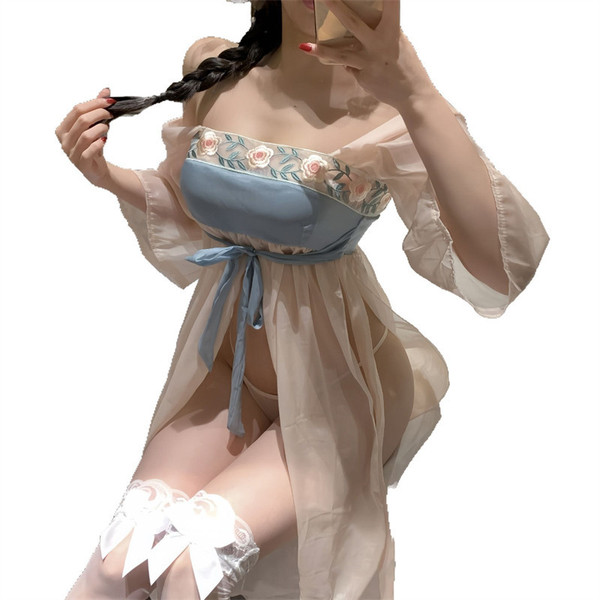 Vintage chinese-inspired sheer chiffon hanfu dress with floral embroidery and seductive palace-style doudou, perfect for eleg...