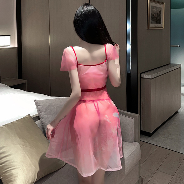 Vintage chinese-inspired sheer pink dress with retro design, perfect for sensual wear and role play.