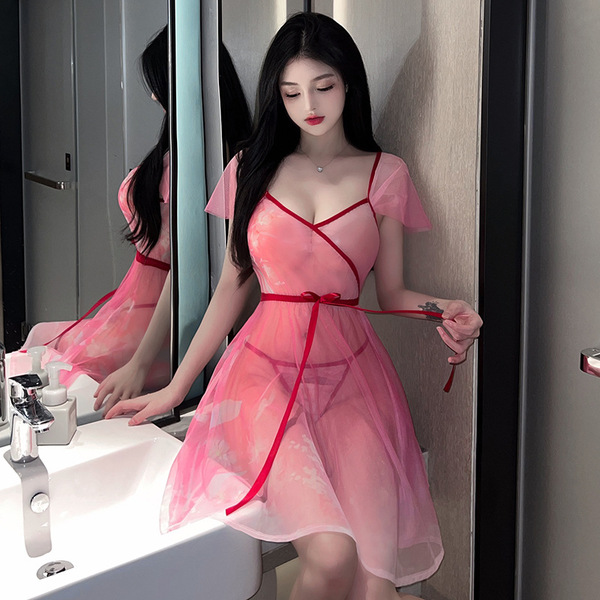 Vintage chinese-inspired sheer pink dress with red accents, perfect for sensual wear and role play.
