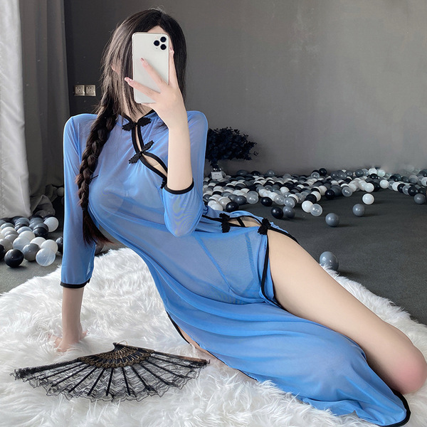 Vintage chinese-inspired sheer side-slit dress with modern hanfu elements, perfect for erotic sleep gown or qipao costume.