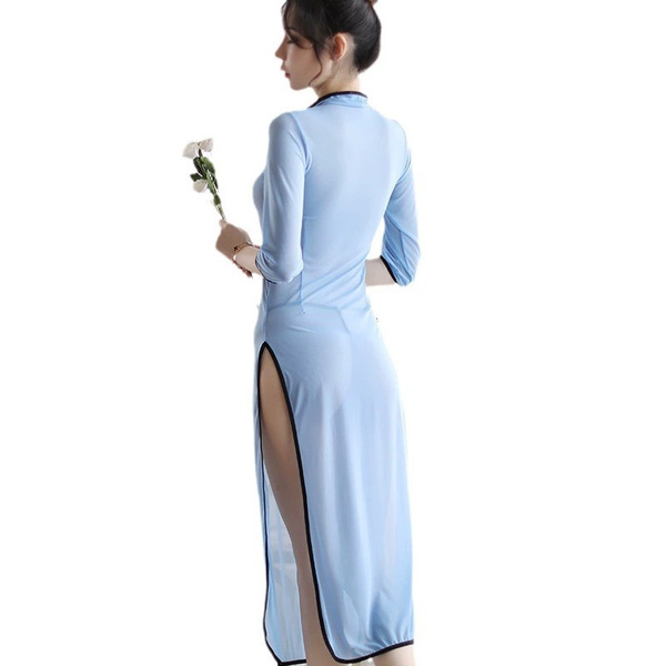 Vintage chinese-inspired sheer side-slit qipao lingerie, modern-ming style design, elegant and seductive.