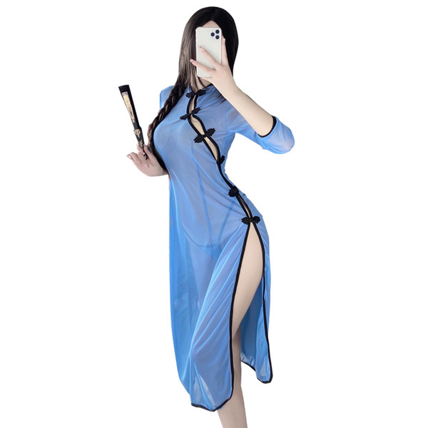 Vintage chinese-inspired sheer side-slit dress featuring traditional hanfu elements, perfect for erotic sleepwear or modern q...