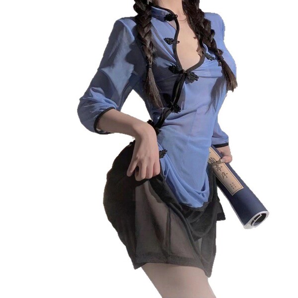 Vintage chinese-inspired sheer side-slit lingerie set in retro qipao style, featuring a sensual blue top with black accents a...
