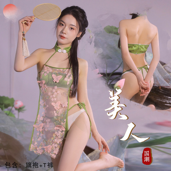 Vintage chinese style lace belly dance bodice set - seductive sheer silk qipao costume for role play & cosplay, featuring int...
