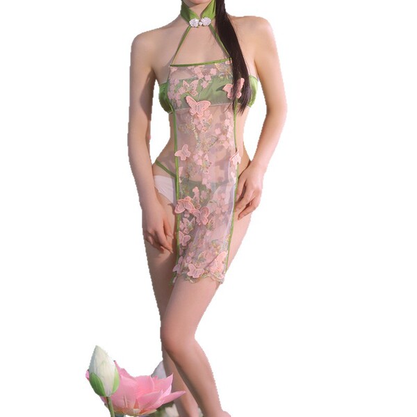 Vintage chinese style lace belly dance bodice set - seductive sheer silk qipao costume for role play & cosplay, featuring del...