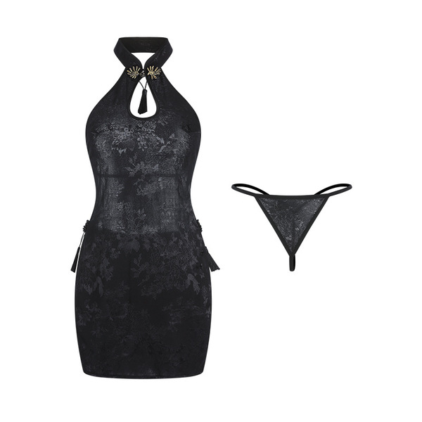 Vintage chinese-style lingerie set - retro qipao dress with high slits, backless design & decorative knot buttons