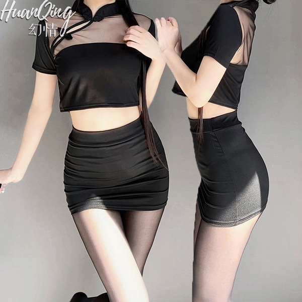 Vintage chinese-style lingerie set - silk-look cheongsam bodysuit with lace trim & sheer mesh