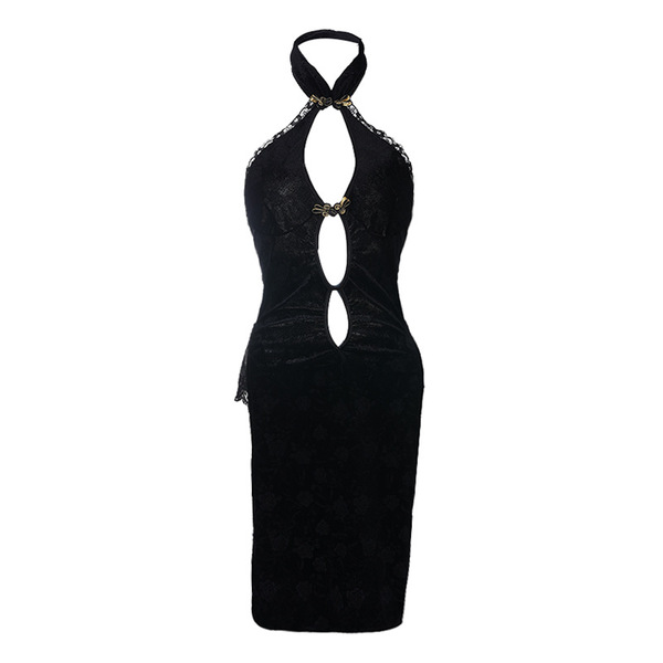 Vintage chinese-style lingerie set - high-slit cheongsam sleepwear with deep v neck & sheer bust detail