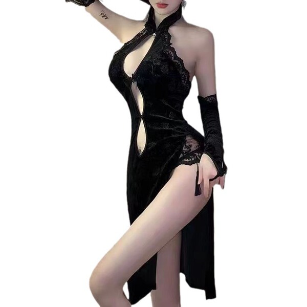 Vintage chinese-style lingerie set - high-slit cheongsam sleepwear with deep v & peekaboo bust, retro -inspired erotic