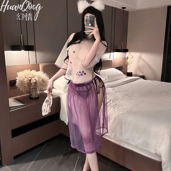 Vintage chinese qipao lingerie set - purple sheer mesh retro erotic costume with ties, featuring sheer fabric and tie details...
