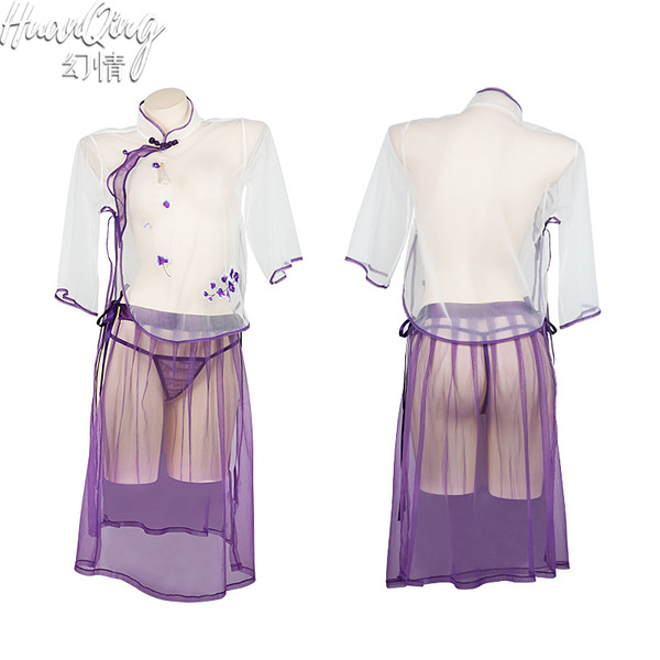 Vintage chinese qipao lingerie set - purple sheer mesh retro erotic costume with ties