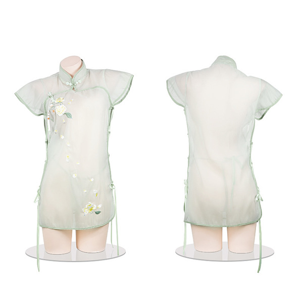 Vintage chinese qipao lingerie set - sheer retro floral embroidered sleepwear with high slit & mandarin collar