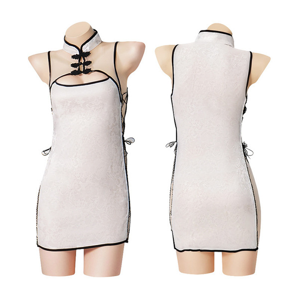 Vintage chinese qipao sleep dress set - cheongsam lingerie with slit, lace cut-out & bodycon design