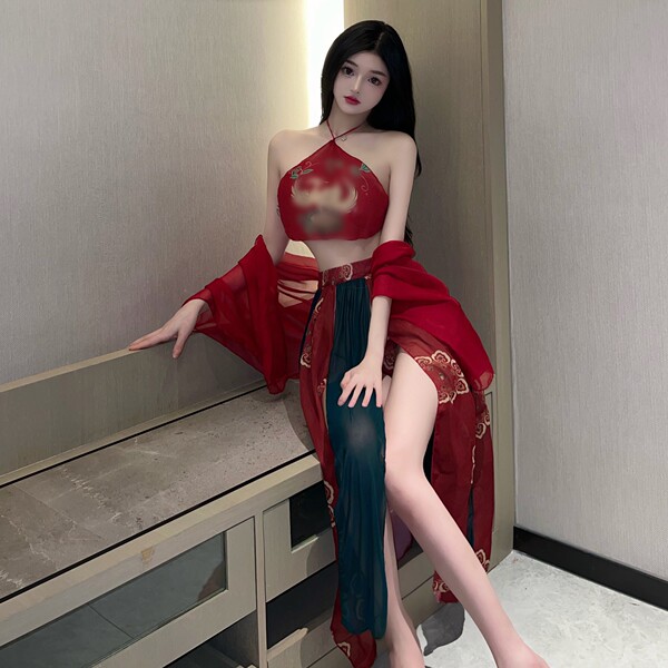 Vintage chinese-style sexy bodice set with sheer mesh & ties - lingerie sleepwear ensemble for women, featuring elegant desig...