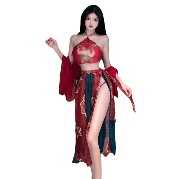 Vintage chinese-style sexy bodice set with sheer mesh & ties - lingerie sleepwear ensemble for women