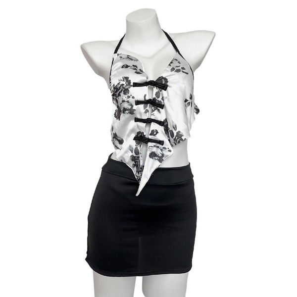 Vintage chinese-style sheer womens cheongsam dress with halter neck and bodycon fit, featuring floral patterns and traditiona...