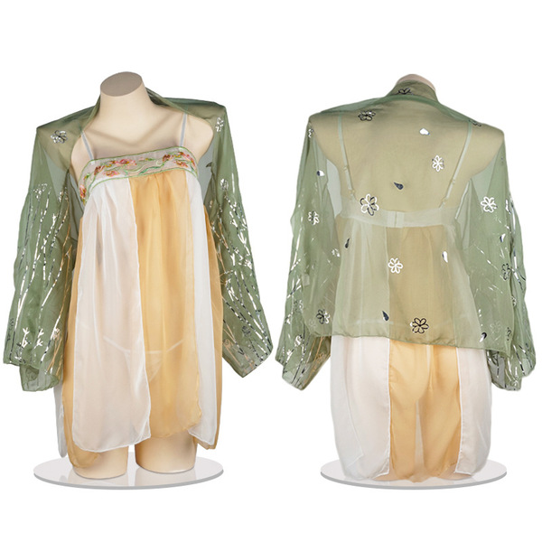 Vintage chinese silk bodice set featuring retro tang dynasty design, elegant embroidery, and jade ring motif, perfect for ero...