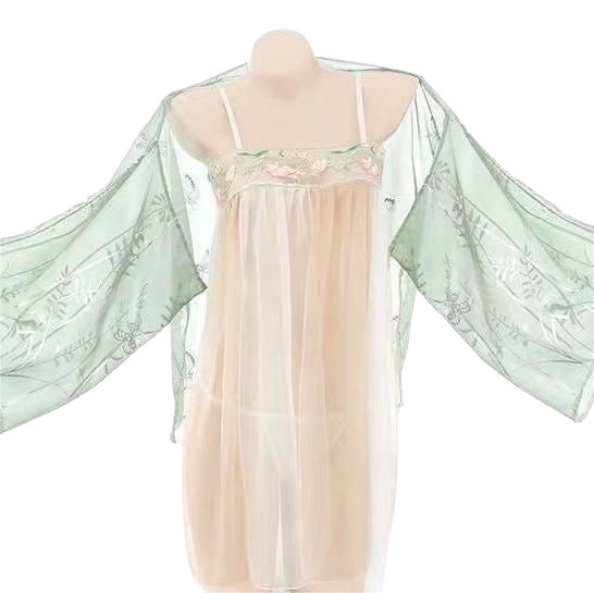 Vintage hanfu lingerie set featuring a delicate peach dress with floral embroidery and sheer green sleeves, perfect for retro...