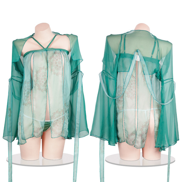 Vintage-inspired sheer silk-chiffon romantic bedroom outfit featuring lace detailing and elegant design, perfect for chic chi...