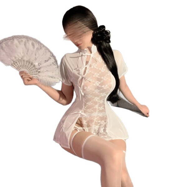 Vintage-inspired lace sheer sleepwear set featuring a cheongsam style nightgown, modest yet seductive design perfect for plus...