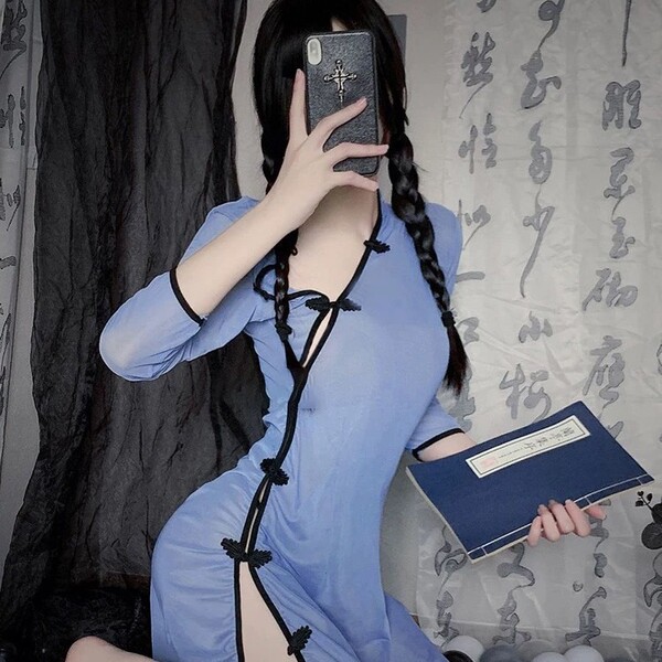 Vintage-inspired lace-trimmed cheongsam sleepwear set featuring a sexy split hem silk look nightdress for women.